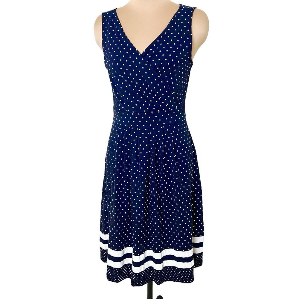 Lands End Polka Dot Dress Size M Navy White Sleeveless Knee Length Striped Hem
